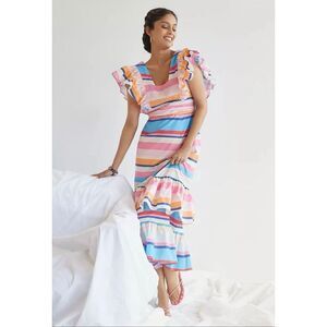 Anthropologie x Plenty by Tracy Reese Rainbow Ruffle Striped Midi Dress White Bl